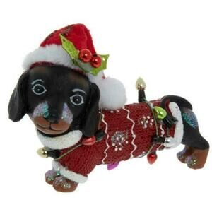 Dachshund Weiner Dog Christmas Ornament Lights Sweater Santa Hat with Holly